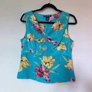 Evan Picone Sleeveless Blouse Silk Turquoise Floral Size 8